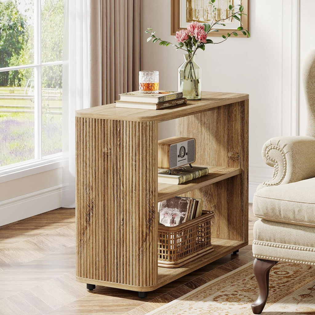 Tribesigns Narrow Side Table, 3-Tier End Table for Living Room, Small Fluted Nightstand with Storage Shelves, Farmhouse Bedside Table for Bedroom, Small Spaces, Sofa Couch, Natural