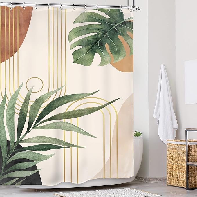 Glawry Standing Mid Century Shower Curtain 54Wx78L Inches Stall Narrow Cute Boho Tropical Boho Palm Leaf Abstract Botanical Plant Green Minimalist Bath Accessories Art Home Decor Fabric 12 Pack Hooks