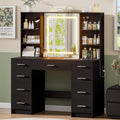 Black Vanity Desk with Mirror and Lights,Makeup Vanity with 9 Drawers, 6 Shelves & Power Outlet,Touch Screen Mirror Dressing Vanity Table, 3 Color Adjustable, Girls Vanity, Bedroom