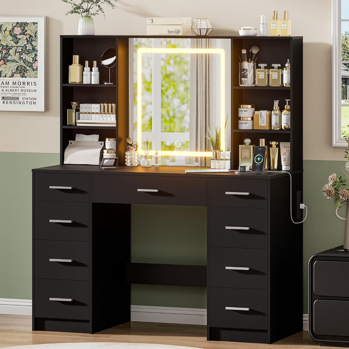 Black Vanity Desk with Mirror and Lights,Makeup Vanity with 9 Drawers, 6 Shelves & Power Outlet,Touch Screen Mirror Dressing Vanity Table, 3 Color Adjustable, Girls Vanity, Bedroom