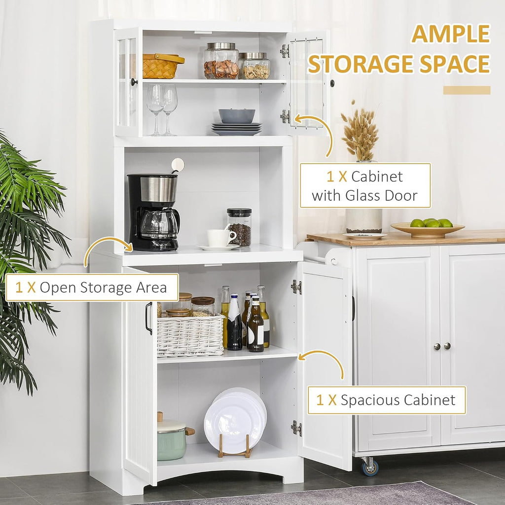 Kitchen Hutch, Pantry Cabinet with Glass Framed Door, Adjustable Shelves and Microwave Space for Dining Room, White