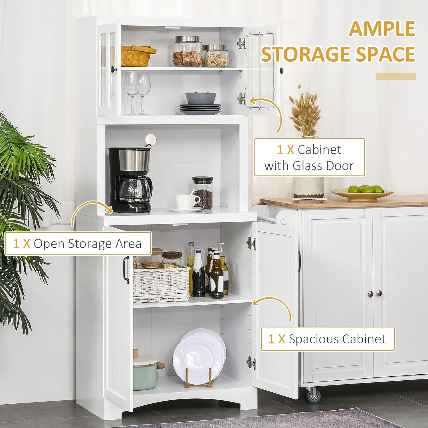 Kitchen Hutch, Pantry Cabinet with Glass Framed Door, Adjustable Shelves and Microwave Space for Dining Room, White