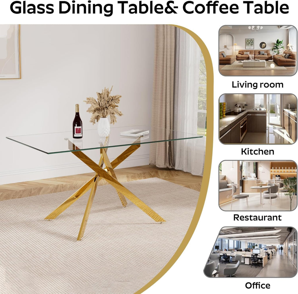 Glass Dining Table for 4-6, Contemporary Rectangular Dining Room Table with Tempered Glass Top & Gold Finish Metal Legs, Modern Elegant Dining Table for Home Kitchen