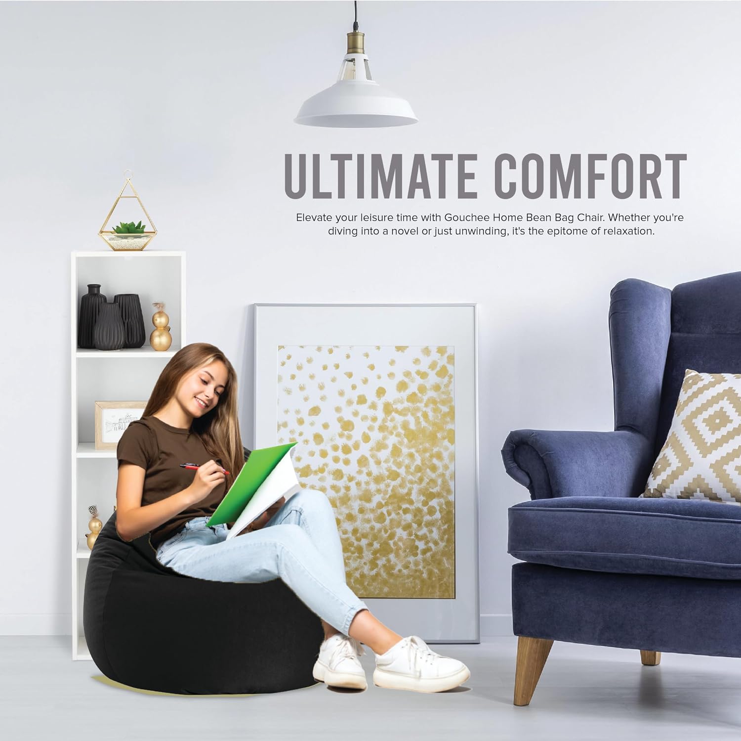 Gouchee Home Easy Collection Bean Bag Chair for Kids and Adults - Ink - Beanbag Couch for Indoor Living Spaces - Cozy Chair, Stylish, and Comfy Lazy Sofa Chair for Reading, Gaming, and More
