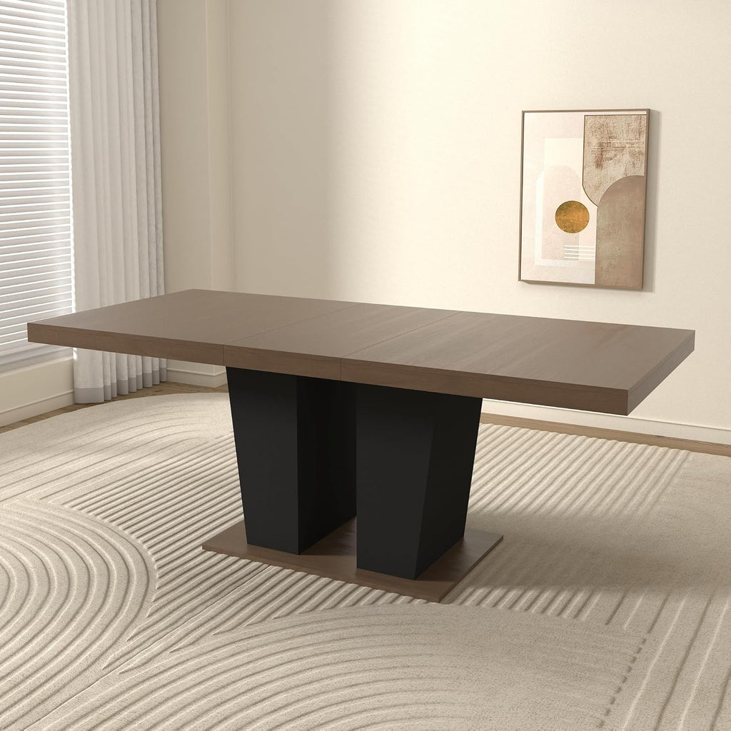 KEIKI 63"–79" Extendable Dining Table, Rectangular Wooden Kitchen Table with Dual Pedestal Base, Space-Saving Transformer Table for 4–10 People, Brown