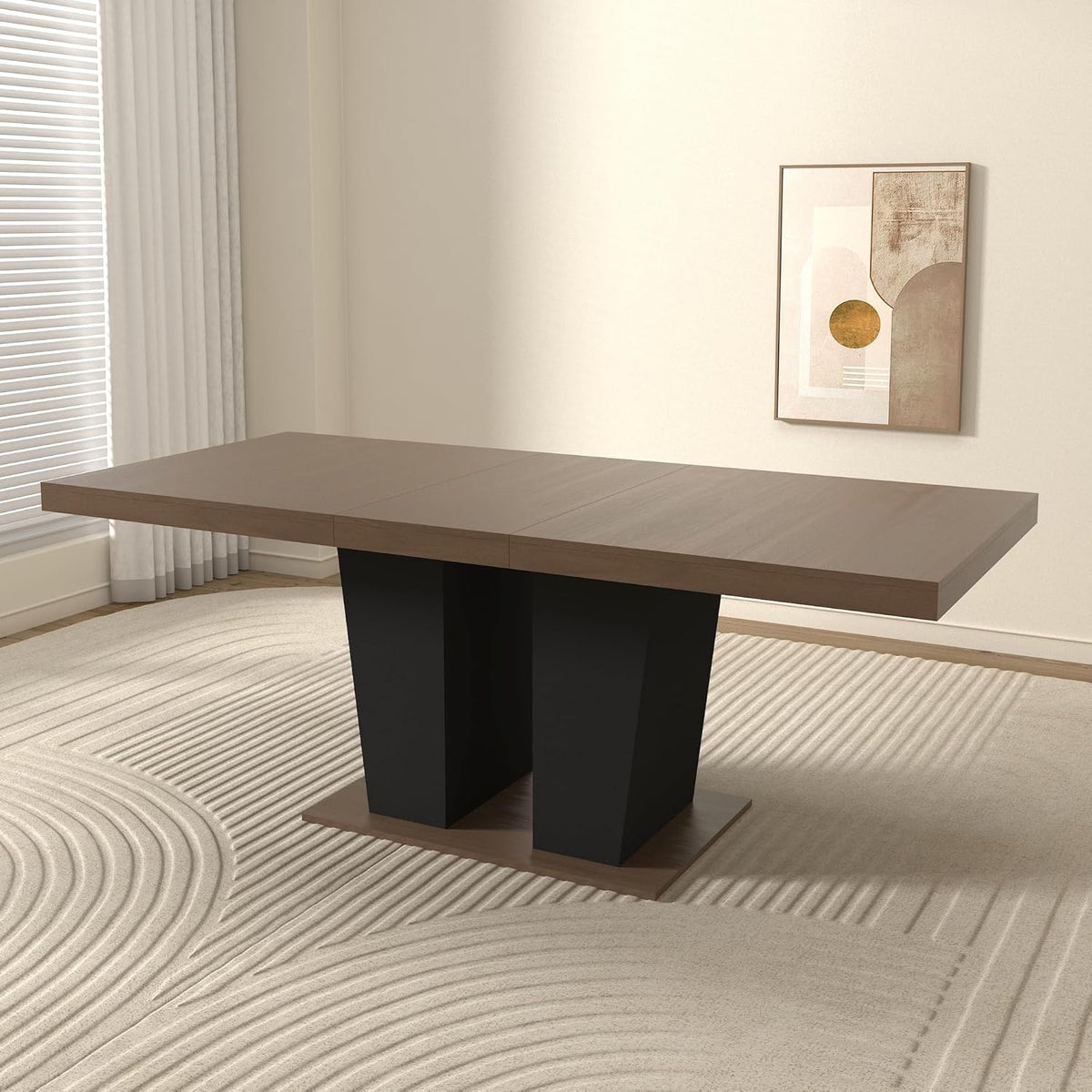KEIKI 63"–79" Extendable Dining Table, Rectangular Wooden Kitchen Table with Dual Pedestal Base, Space-Saving Transformer Table for 4–10 People, Brown