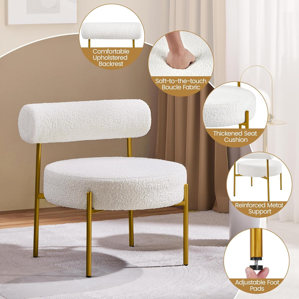 Yaheetech Accent Chair, Modern Tufted Vanity Chair, White | Boucle Fabric Vanity Stool with Gold Metal Legs, Cozy Sherpa Club Chair for Living Room Bedroom Home Office Makeup Room
