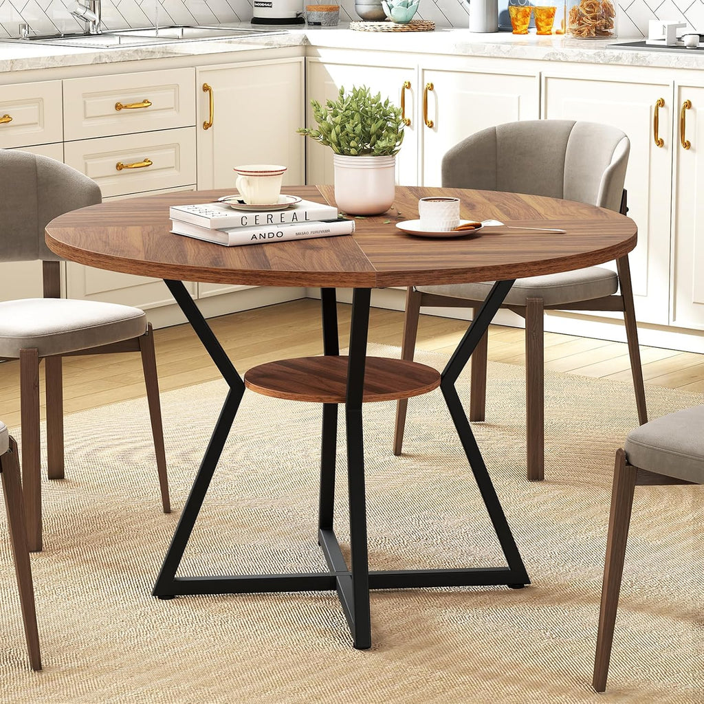KOTEK 47 Inches Round Dining Table for 4, Farmhouse Kitchen Table with Storage Shelf, X-Shaped Metal Base, Adjustable Foot Pads, Circle Dinner Table for Dining Room, Living Room