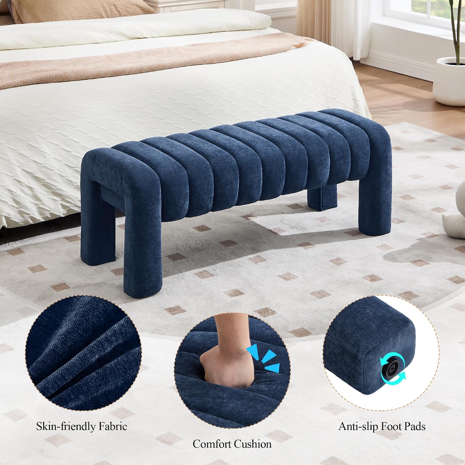 43’’ Bedroom Bench, Upholstered End of Bed Bench with Solid Wood Legs, Modern Small Dining Bench with Full Covered Fabrics for Entryway, Bedroom, Living Room (Blue, Chenille)