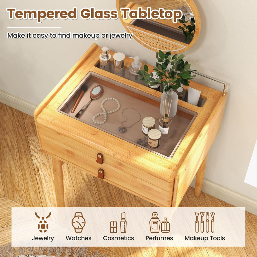COSTWAY Bamboo Vanity Desk with Adjustable Round Mirror and 2 Drawers | Makeup Vanity Set w/ Tabletop Storage Compartment & Tempered Glass Tabletop, Small Bedroom Dressing Table for Adult Teens