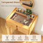 COSTWAY Bamboo Vanity Desk with Adjustable Round Mirror and 2 Drawers | Makeup Vanity Set w/ Tabletop Storage Compartment & Tempered Glass Tabletop, Small Bedroom Dressing Table for Adult Teens