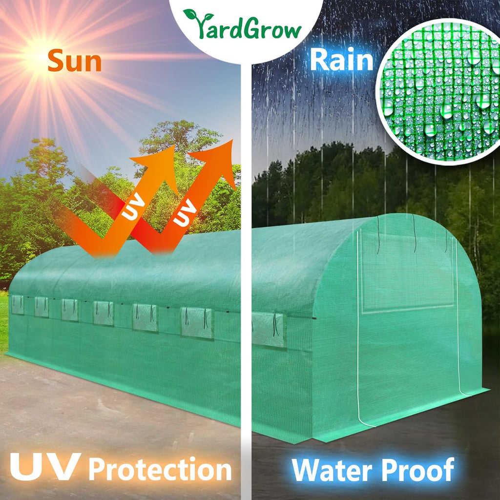 YardGrow Greenhouse Replacement Cover Larger Walk in Outdoor Plant Gardening Greenhouse, 2-Doors with 2 Mesh Windows, Frame Does NOT Included (26'x10'x7')