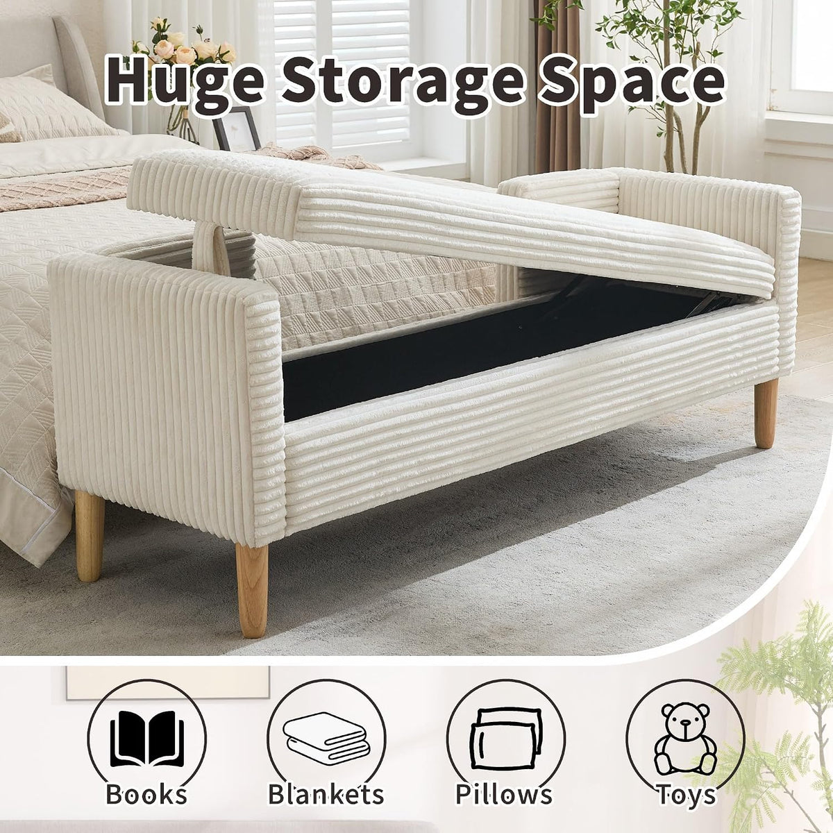 Chifee & Vingol 65.35" W Ottoman with Storage Bench for Bedroom End of Bed with Removable Pillows Upholstered Storage Ottoman Bench for Bedroom Living Room Hallway,Ivory
