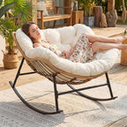 NICESOUL Papasan Rocking Chair with Cushion Indoor Outdoor, Oversized Padded Egg Rocking Chair, All-Weather Wicker Rattan Lounge Rocker, 450 lbs Capacity Glider for Living Room Balcony Porch, Beige