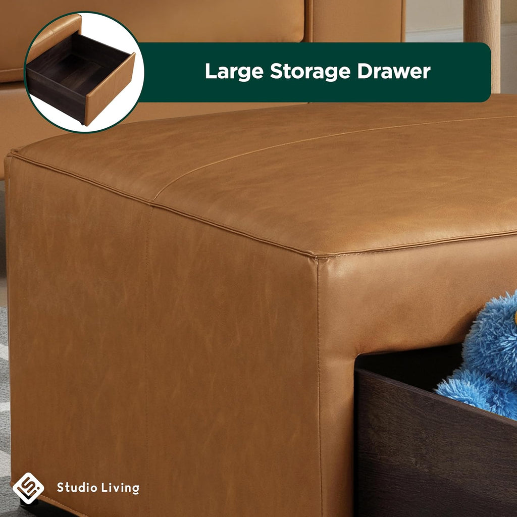 Studio Living® Harrison 29.1" Storage Ottoman, Large Removable Storage Drawer, Vegan Leather Fabric, Carmel