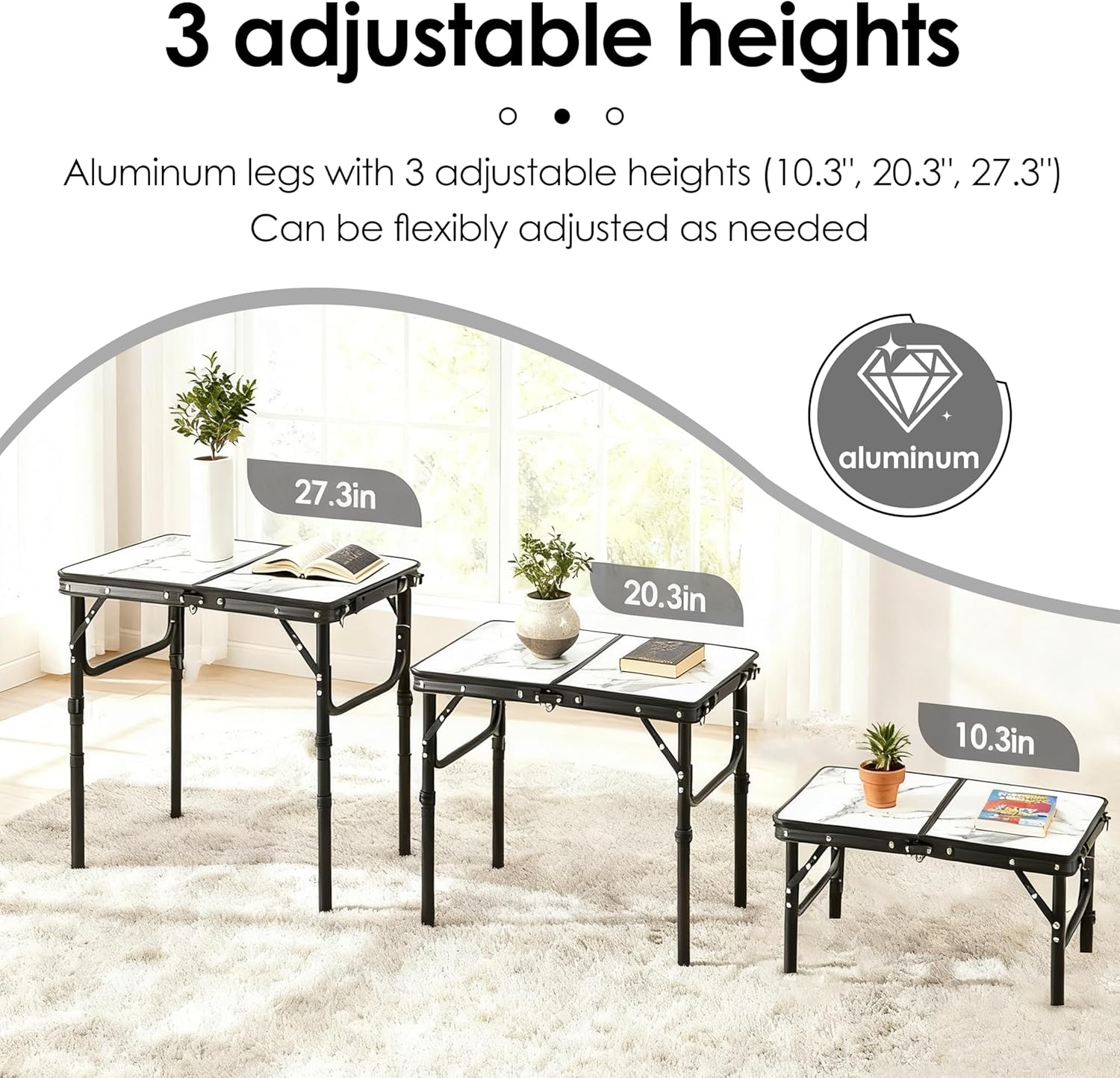 Folding TV Trays Foldable Dinner Tray Table, 3 Adjustable Height, 24"x 16" | Food Snack Eating Couch Side Table, Aluminum Portable Sofa Tray End Table for Outdoor Camp Pinic Indoor Bed Couch Living Room