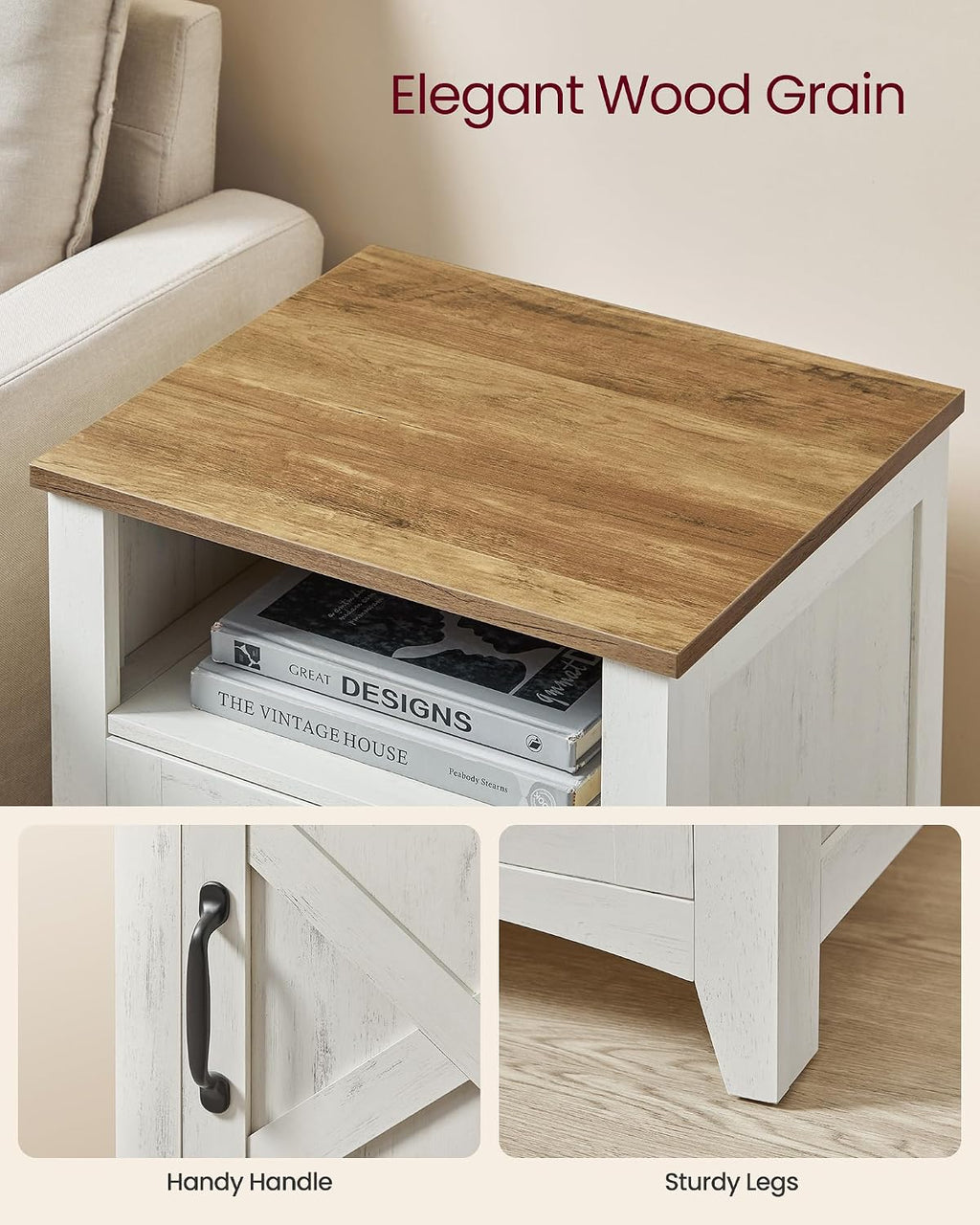 VASAGLE Nightstand Farmhouse Barn Door Bedside Table with Storage | Side End Table, Night Stand, Open Compartment, for Bedroom, Set of 2, Rustic White and Honey Brown, LIRY Collection
