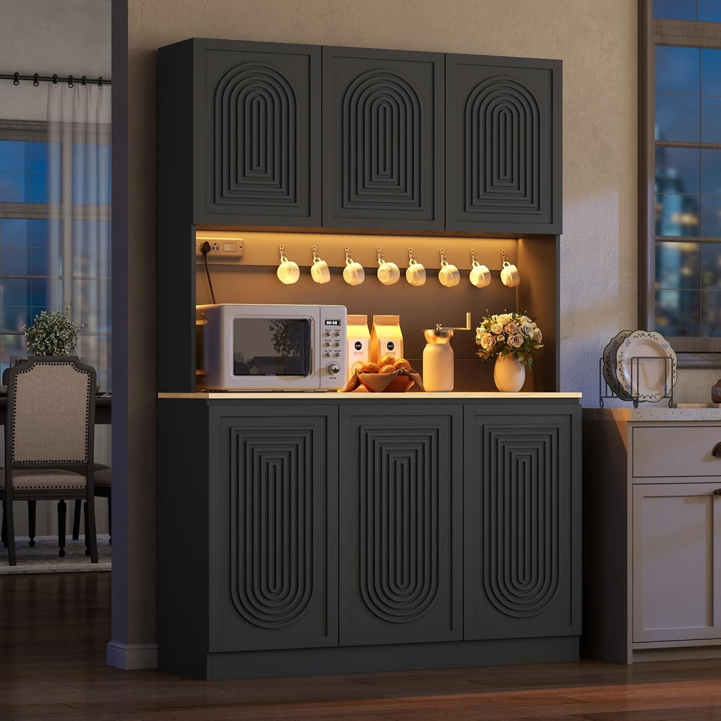 71" Black Kitchen Pantry with Power Outlet, Kitchen Hutch with LED Light | Tall Modern Buffet Cabine with Countertop, Large Food Pantry Storage with Adjustable Shelf for Dining Room (Black 6 Doors)