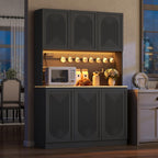 71" Black Kitchen Pantry with Power Outlet, Kitchen Hutch with LED Light | Tall Modern Buffet Cabine with Countertop, Large Food Pantry Storage with Adjustable Shelf for Dining Room (Black 6 Doors)