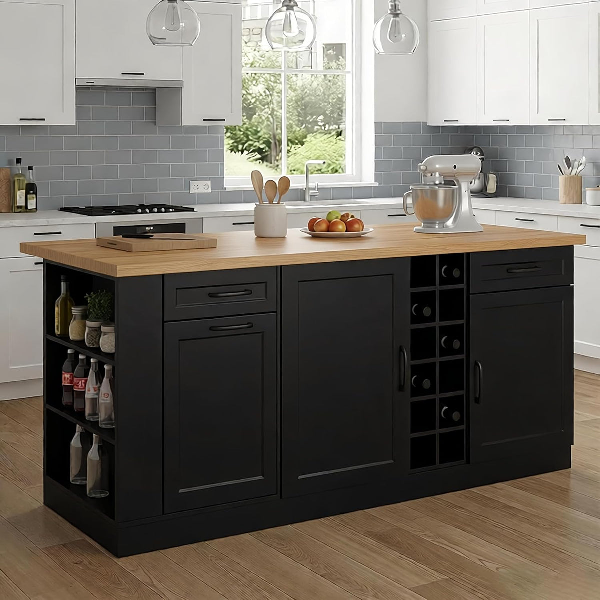 Large Kitchen Island,Wood Freestanding Islands with Storage Drawers, Trash Cabinet, Adjustable Shelves, Cabinet & Spice Rack,Farmhouse Kitchen Island for Kitchen & Dining Room