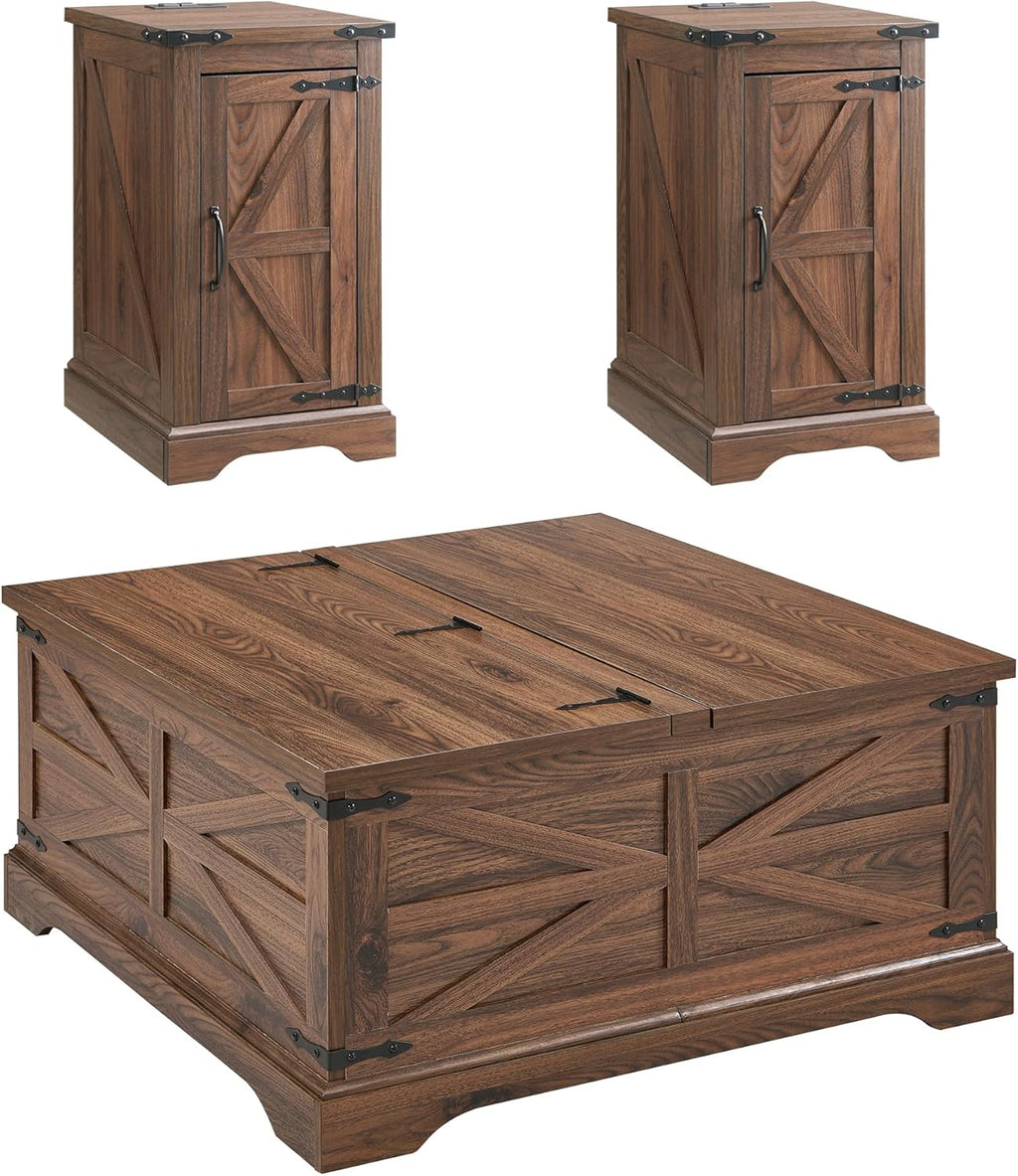 JXQTLINGMU 3-Piece Farmhouse Coffee Table and End Table Sets, Includeds 36" Lift Top Square Coffee Table w/Storage & 2 Rustic Wood End Tables w/Charging Station & Barn Doors for Living Room, Brown