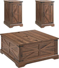JXQTLINGMU 3-Piece Farmhouse Coffee Table and End Table Sets, Includeds 36" Lift Top Square Coffee Table w/Storage & 2 Rustic Wood End Tables w/Charging Station & Barn Doors for Living Room, Brown