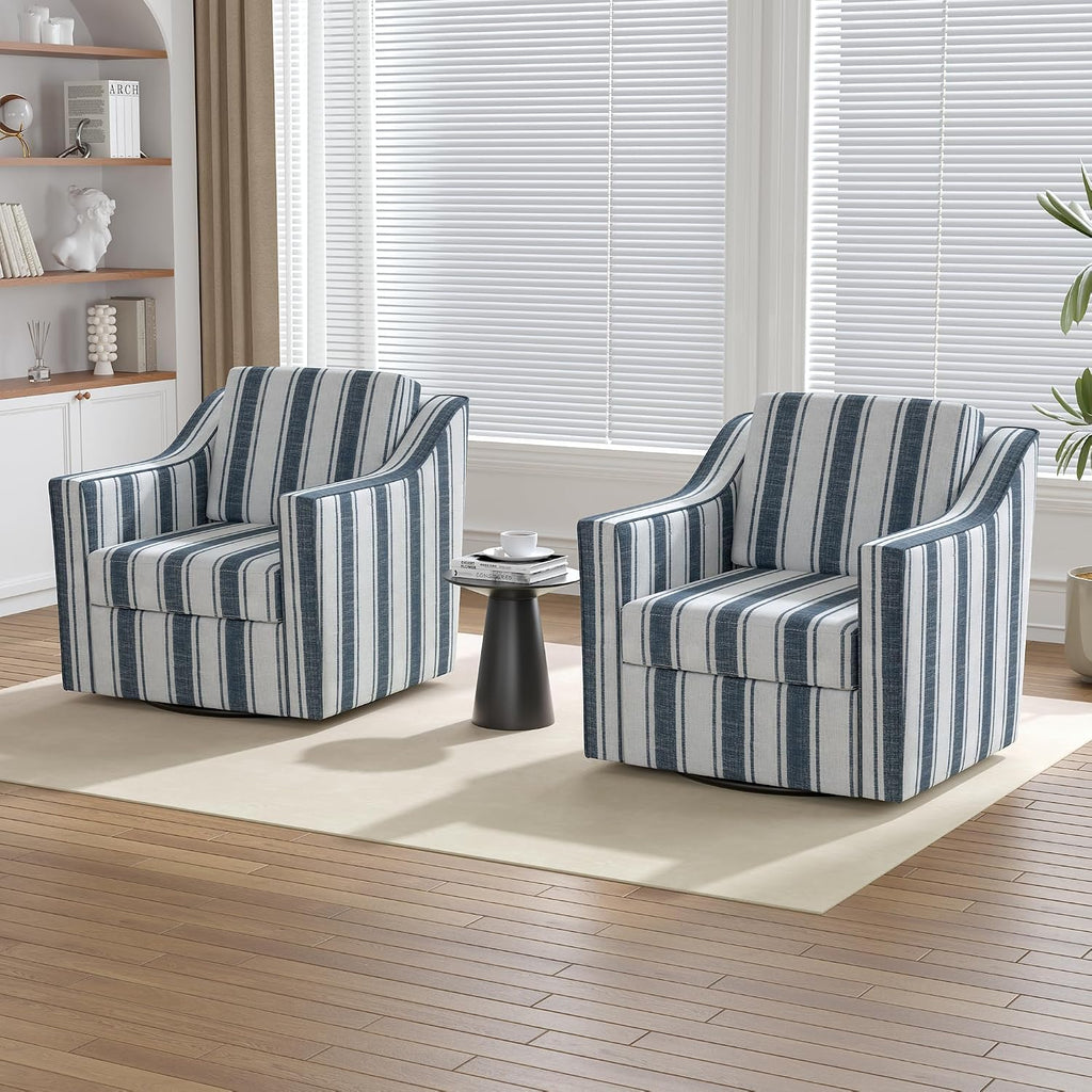 Swivel Accent Chairs Set of 2, 360° Swivel Club Armchairs, Navy Stripe