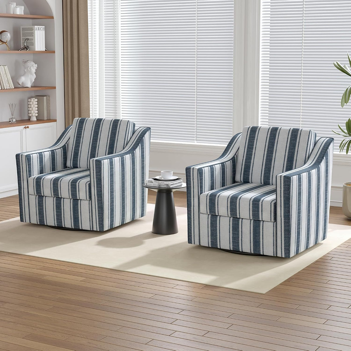 Swivel Accent Chairs Set of 2, 360° Swivel Club Armchairs, Navy Stripe