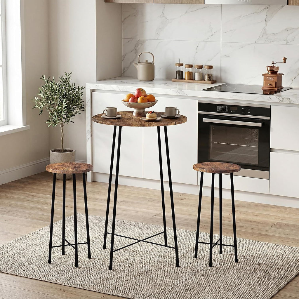 VECELO 3 Piece Pub Table and Chairs Sets Counter Height Bistro Bar Sets with 2 Barstools for Kitchen Breakfast Nook, Small Space, Apartment, Breakfast Dinner Restaurant, Brown