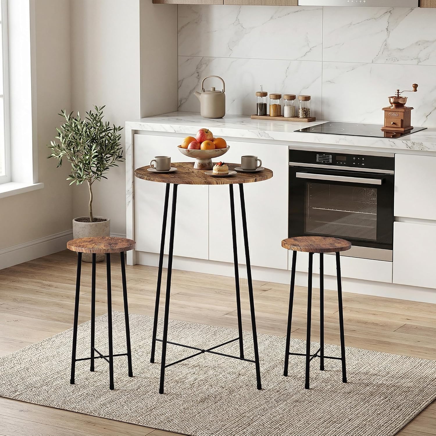 VECELO 3 Piece Pub Table and Chairs Sets Counter Height Bistro Bar Sets with 2 Barstools for Kitchen Breakfast Nook, Small Space, Apartment, Breakfast Dinner Restaurant, Brown
