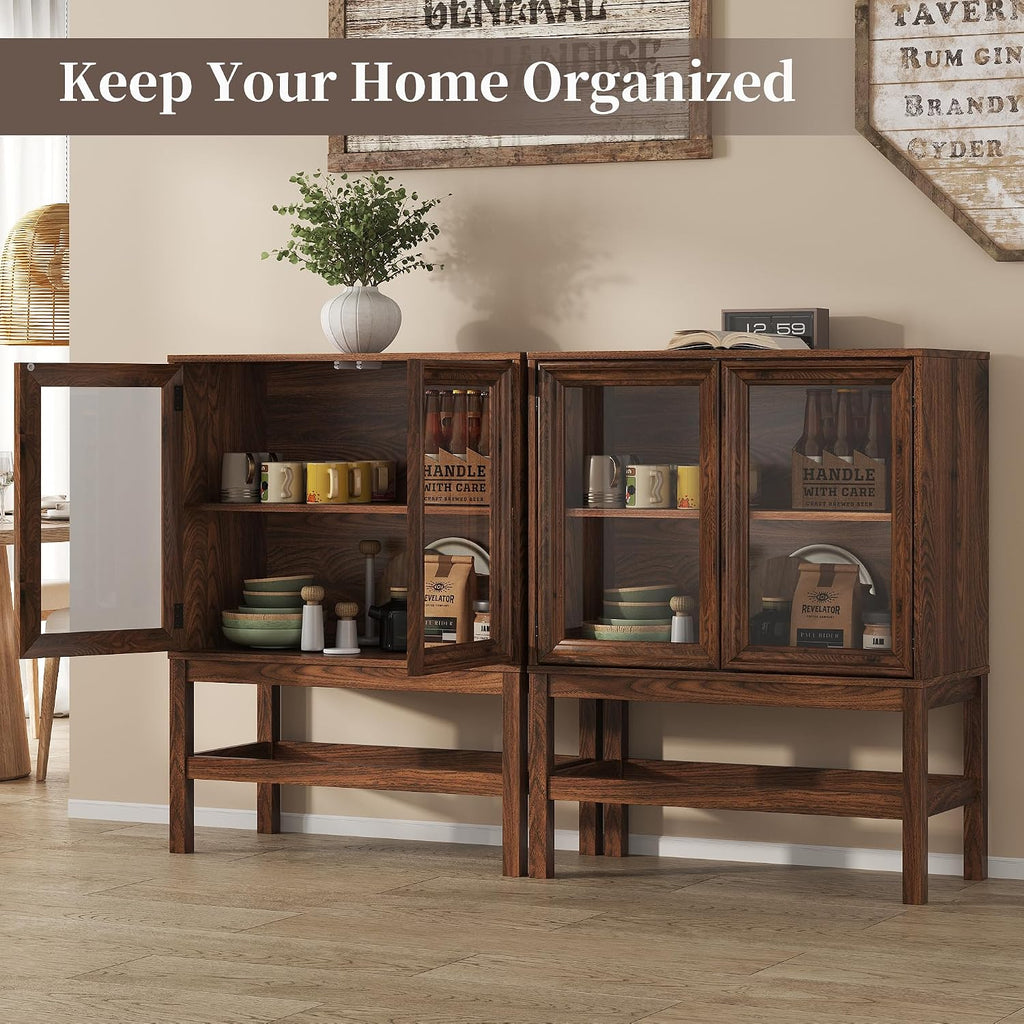 Sideboard Buffet Cabinet with Storage, Small Kitchen Coffee Wine Bar Cabinet with Glass Press-to-Open Doors, Wood Mid Century Modern Side Board Table for Dining Room, Living Room, Walnut