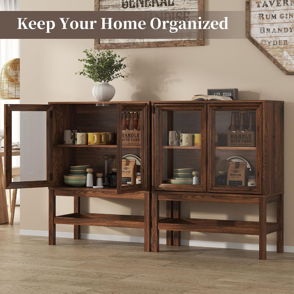 Sideboard Buffet Cabinet with Storage, Small Kitchen Coffee Wine Bar Cabinet with Glass Press-to-Open Doors, Wood Mid Century Modern Side Board Table for Dining Room, Living Room, Walnut