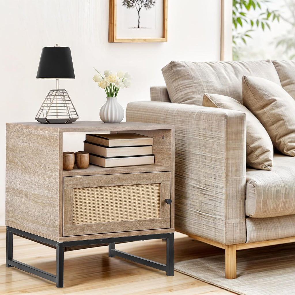 Nightstands End Table, PE Rattan Decor Drawer Opening Shelf, Set of 2 Bed Side Tables with Solid Steel Feet,for Bedroom Living Room Hallway, Natural