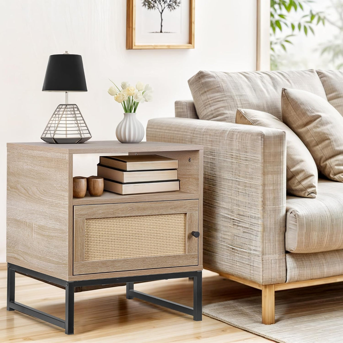 Nightstands End Table, PE Rattan Decor Drawer Opening Shelf, Set of 2 Bed Side Tables with Solid Steel Feet,for Bedroom Living Room Hallway, Natural