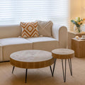 2-Piece Boho Farmhouse Nesting Table with Handcrafted Wood Ring Motif, Round Natural Finish Coffee Table Set for Living Room, French Country Decor, Round