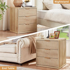LEYAOYAO 23" Wide Fluted Farmhouse Night Stand Set of 2 with Charging Station, 3 Drawers Large End Table w/Metal Handle, Natural Nightstand Bedside Table,Wood Dresser for Bedroom, Closet