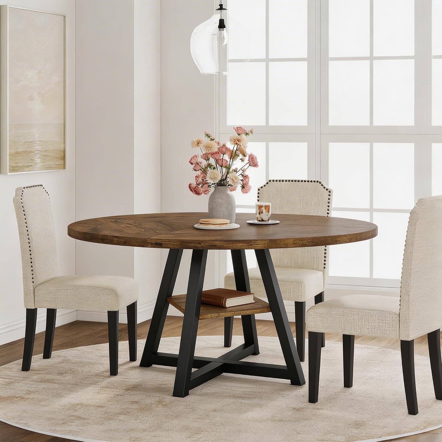 GAOMON 47" Round Dining Table for 4-6 People | Wooden Circle Kitchen Table with Storage Shelf, Industrial Dining Room Table for Kitchen, Dining Room, Save Space