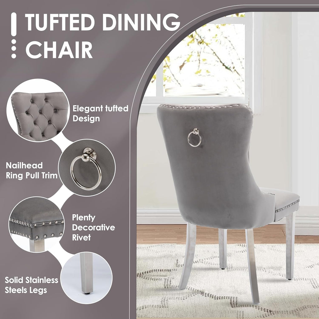 5 Piece Silver Luxury Glass Dining Set, Modern Minimalist Kitchen Table Set for 4, 36'' Clear Square Glass Top Dinner Room Set, Grey High-end Tufted Chairs, for Small Place Living Room