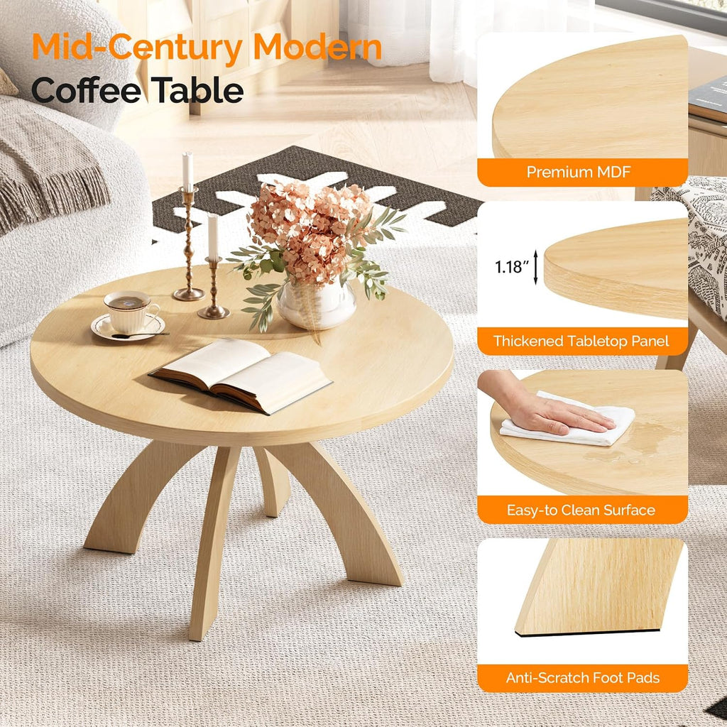 VINGLI 31.5" Round Coffee Table with Cross Legs, Wood Coffee Table, Oak | Mid Century Modern Coffee Table, Wooden Coffee Table X-legs for Living Room, Small space, Office