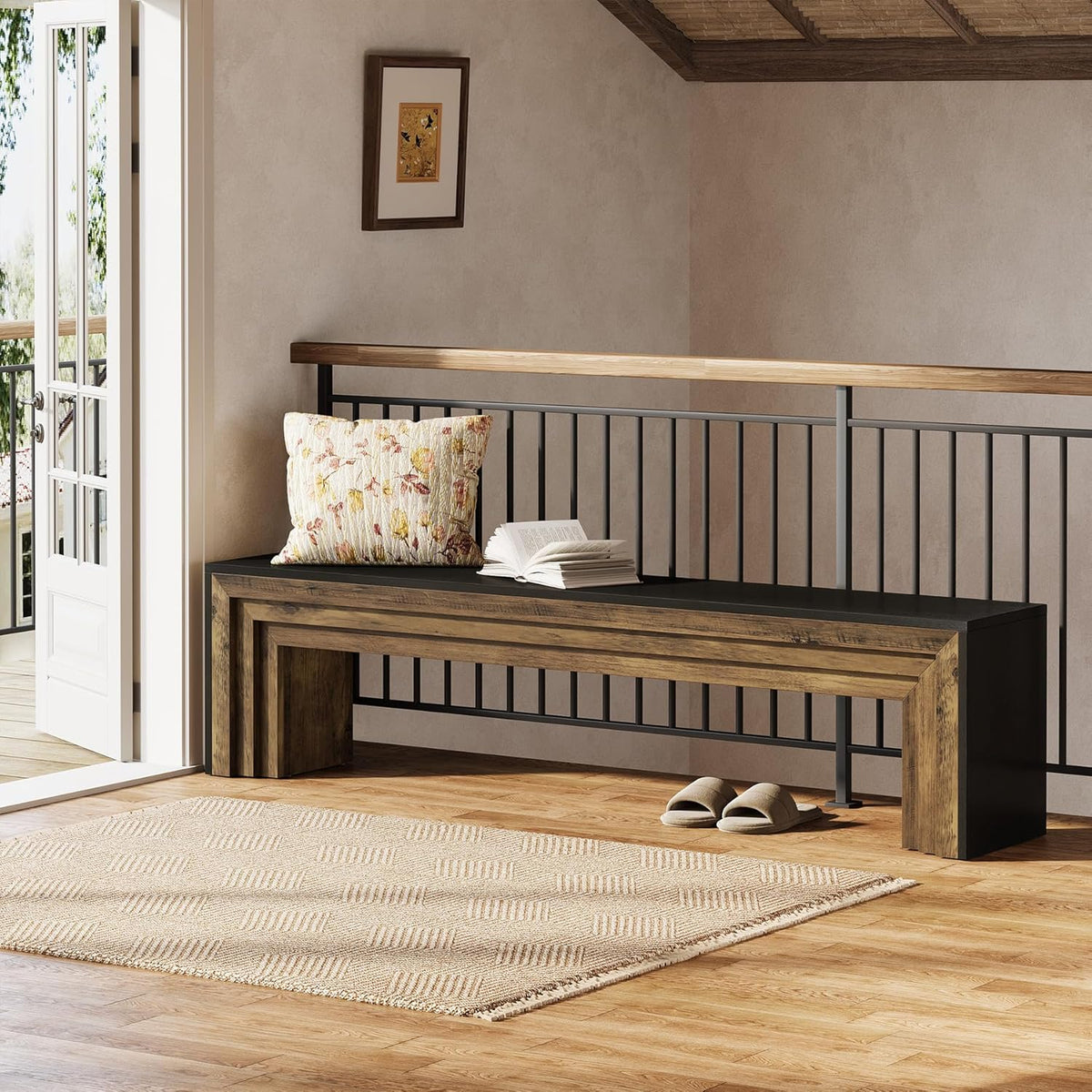 Tribesigns 71" Extra Long Rustic Entryway Bench, Modern Farmhouse Shoe Bench Wooden Indoor Seating with Layered Design for Hallway, End of Bed, Living Room, Dining Room, Black & Brown