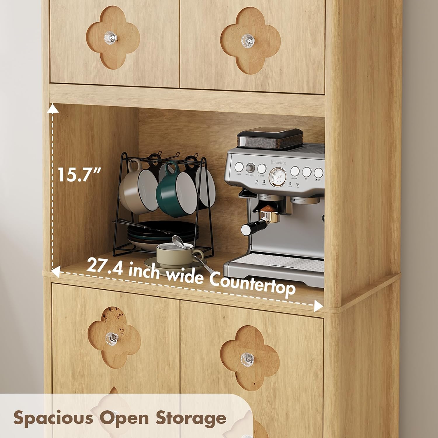 Garvee 72" Tall Pantry Cabinet, Kitchen Hutch Storage Cabinet with Countertop for Microwave, Freestanding Wooden Cupboard with Carved Door & Crystal Handle, for Dining Room, Living Room, Light Oak