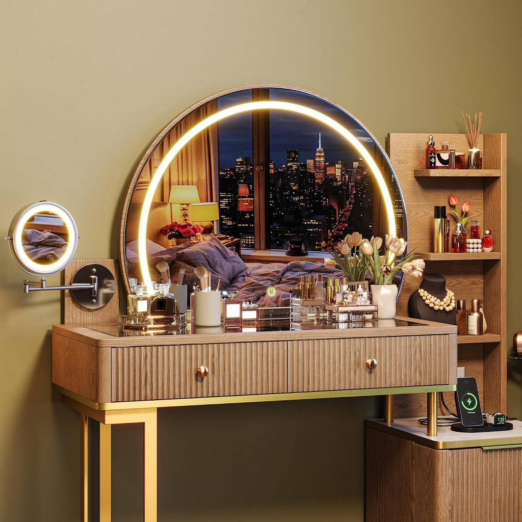 Einhomn Vanity Desk w/5x Magnifying Mirror, Fluted Makeup Vanity w/Mirror and Lights, Glass Top Vanity, Dressing Table w/Power Outlet & Drawers, Adjustable Shelves for Bedroom, Women & Girls, Natural