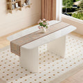 TesNus 67'' White Dining Table for 6, Modern Oval Kitchen Table with Rounded Corners, 3.5'' Faux Marble Top and Cream White Pedestal Base, Space Saving Dining Table for Kitchen & Dining Room