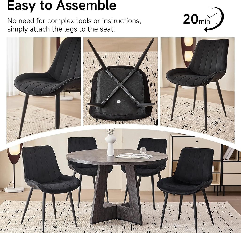 Velvet Dining Chairs Set of 4, Black Modern Upholstered Armless Kitchen Chairs with Metal Legs for Bedroom Living Room