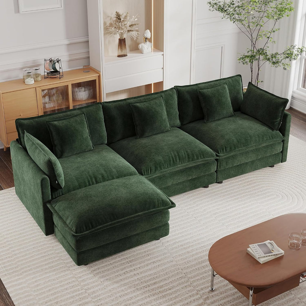mikibama Modular Sectional Sofa, 111.5 Inch L Shaped Couch Set for Living Room, 3-Seater Comfy Cloud Couches with Movable Ottoman, DIY Combination, Chenille, Evergreen