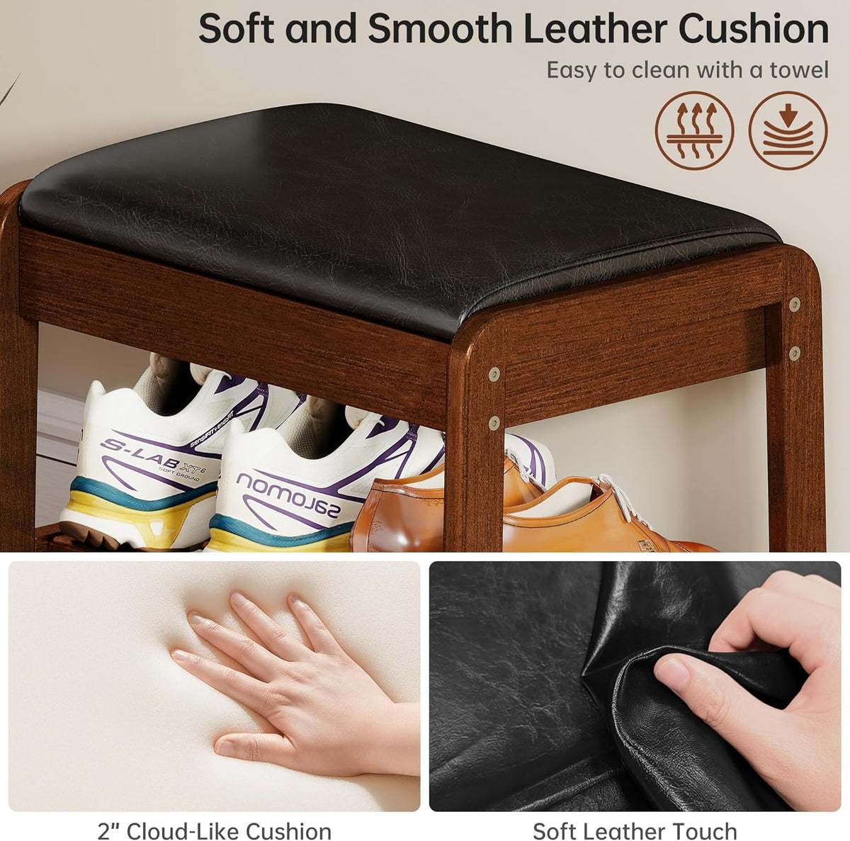 Shoe Rack Bench with Flip-Top Storage, Rubberwood 2-Tier Shoe Organizer with Cushion, Small Wooden Shoe Stand for Entryway, Mudroom, Hallway, Closet, Front Door Entrance, Foyer