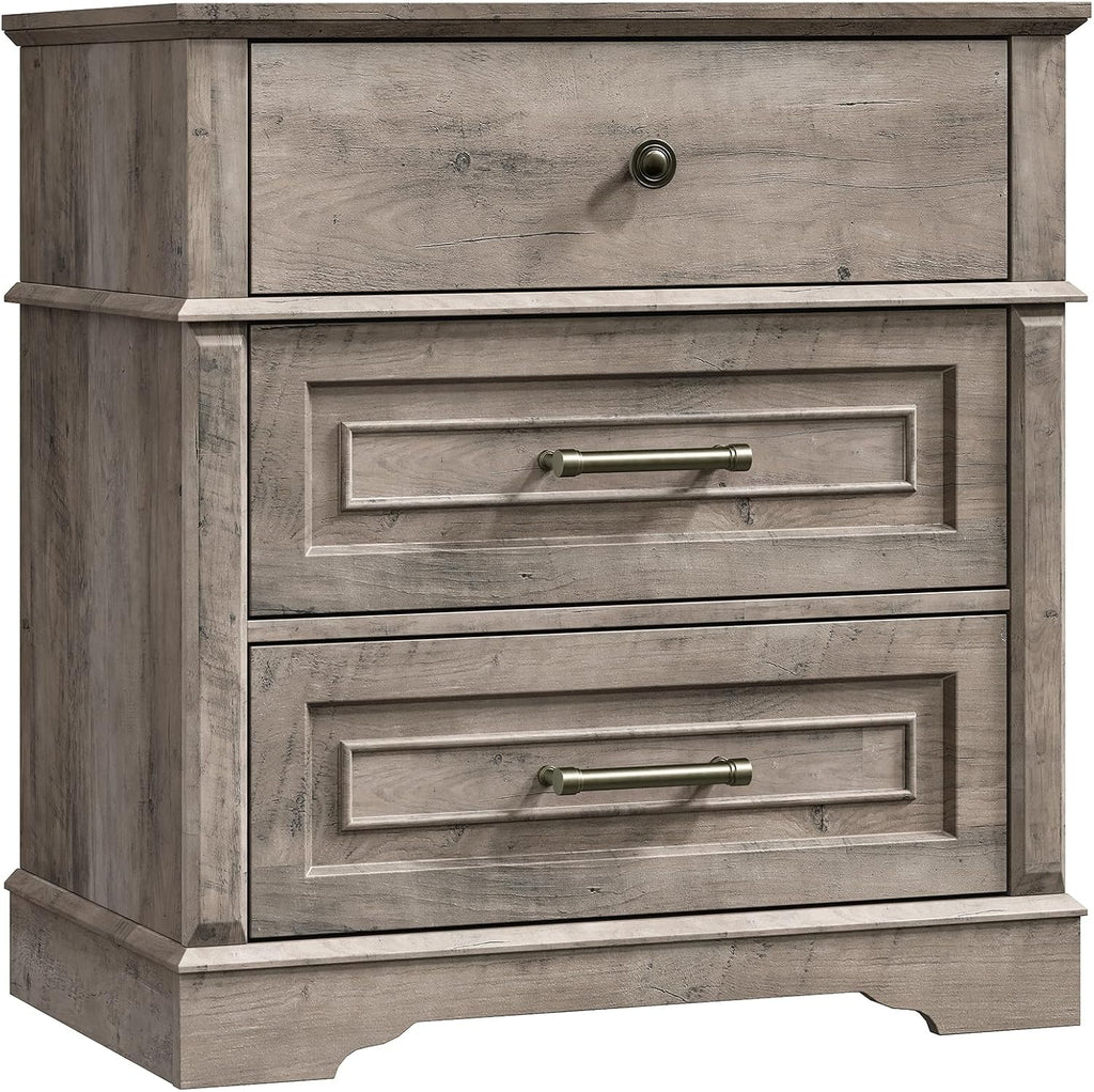 RALGEND 3 Drawer Tall Nightstand with Charging Station, Farmhouse Bedside Table, 27.6" W x 29.5" H, Wide End Table for Bedroom Living Room, End Tables with Charging Station, Greige