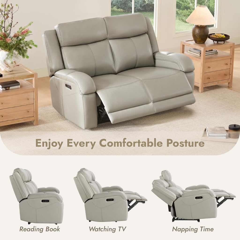 Watson & Whitely Genuine Leather Power Loveseat Recliner Sofa, 2 Seat Wall Hugger Reclining Sofa with Power Headrest & Charging Ports, Dual Recliner Sofas for Living Room, RV, Grey