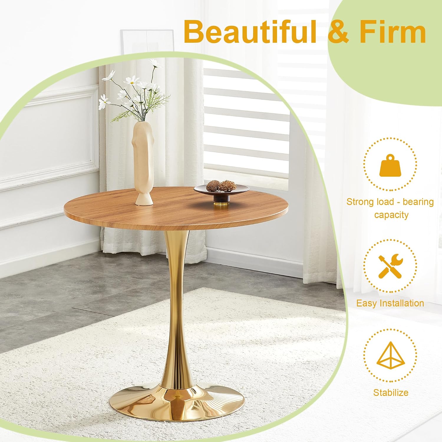 Round Dining Table for Small Space,32" Tulip Tables with Gold Metal Pedestal Base,Bistro Table for 2/3/4 People for Office,Apartment,Kitchen,Break Room(Only Table)