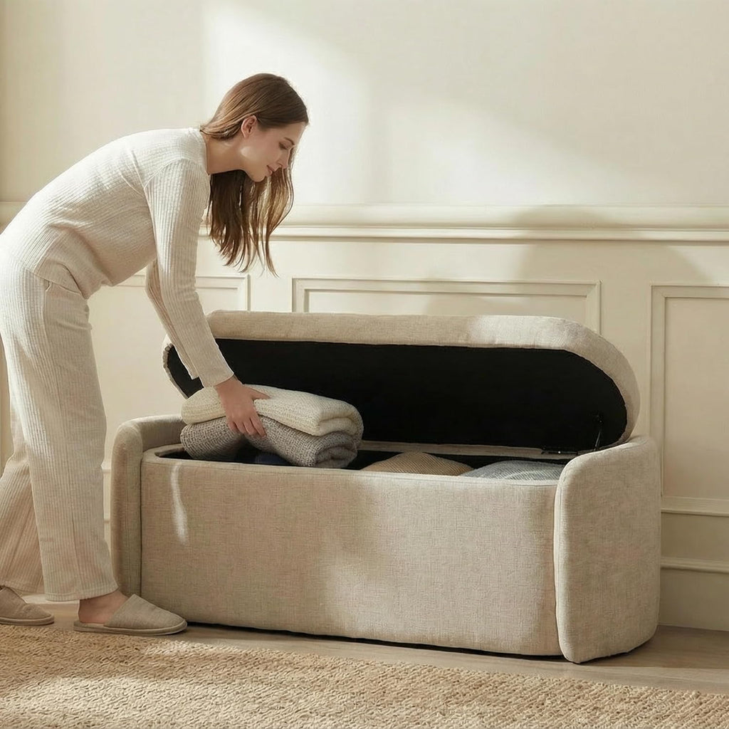 VKNOW Storage Bench, Upholstered Storage Ottoman Bench with Hinge, Khaki | Ottoman Bench with Large Capacity, Curved Frame, Soft Fabric, Storage Bench for Bedroom, Living Room, Entryway